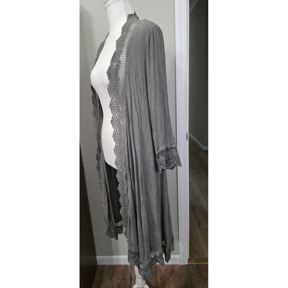 I Joah Long Line Cardigan Women M Gray Crochet Trim Open Front Duster Boho Gauze